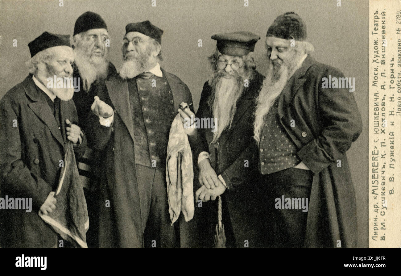 Russian play 'Miserere'  by Moscow Arts Theatre.  Early 1900s. Five bearded men in a play  with Jewish characters. Stock Photo