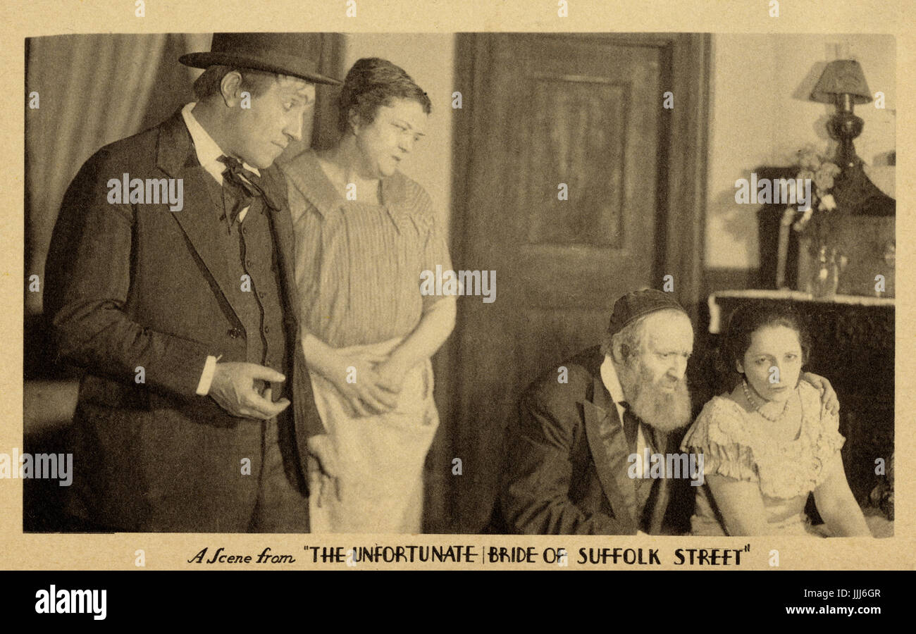 American Yiddish Theatre.  A Scene from 'The Unfortunate Bride of Suffolk Street' at Goldberg and Jacobs Prospect Theatre, the Bronx, 1944. play by H. Lang and L. Chrystal, music by Jasha Kreitzberg.  Cast: Nathan Goldberg, Jacob Jacobs, Muny Serebrov, Abraham Teitelbaum, etc. Stock Photo