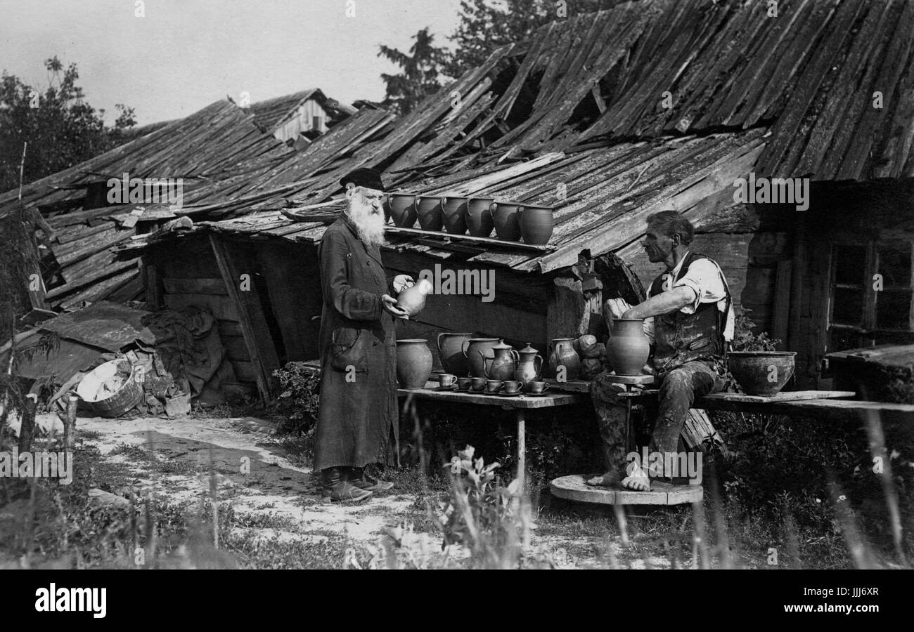 Jewish potter in Russian / Polish  shtetl or Jewish village . 1916-1917. Stock Photo