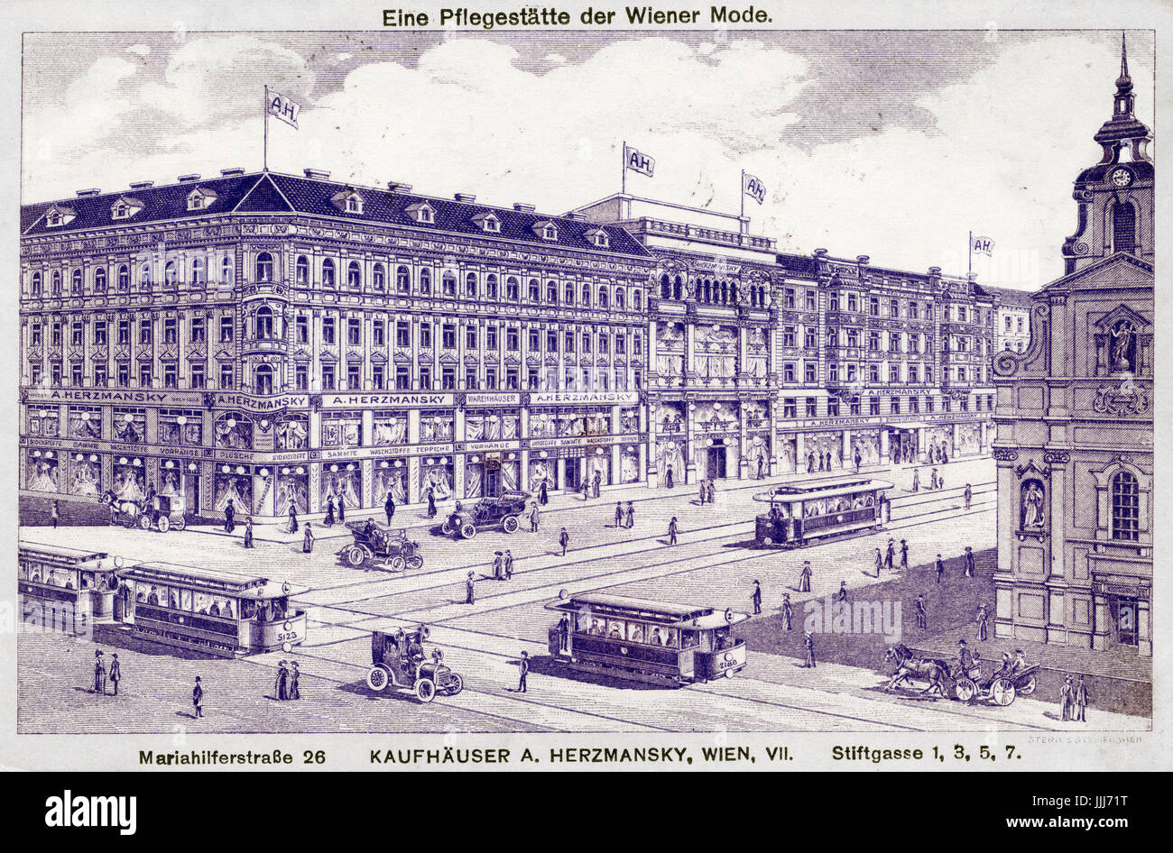 Viennese department store - A. Herzmansky in early 1900s. Caption reads: Eine Pflegestatte der Wiener Mode (Viennese fashion). Mariahilferstrasse 26, Kaufhauser A Herzmansky, Wien VII Stock Photo