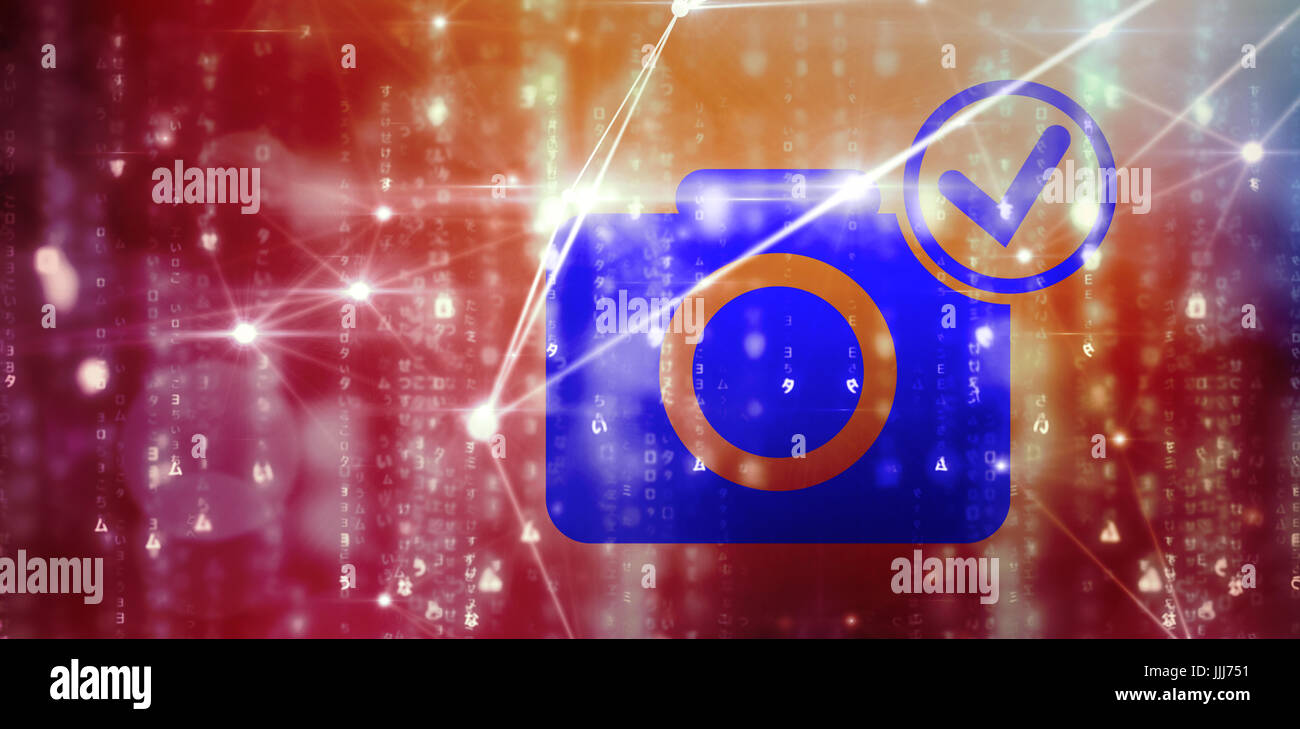 Composite image of digital 3d camera with tick symbol Stock Photo
