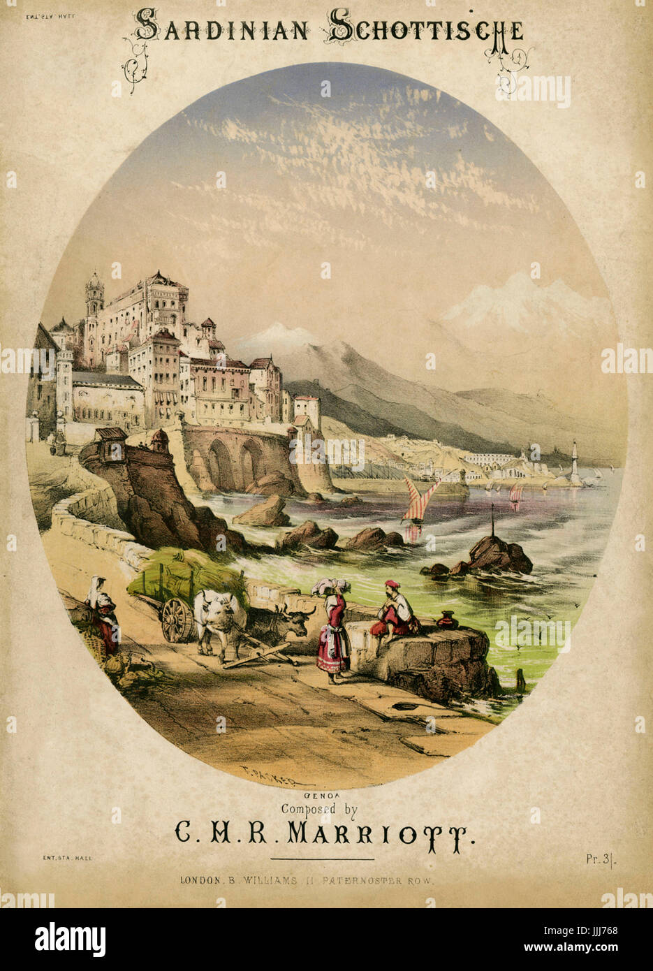 The Sardinian Schottische by C. H. R. Marriott, score cover, 1857, after an illustration by T. Packer. Pastoral scene depicting Genoa at the foot of a castle, and fishing boats in the Mediterranean. Stock Photo