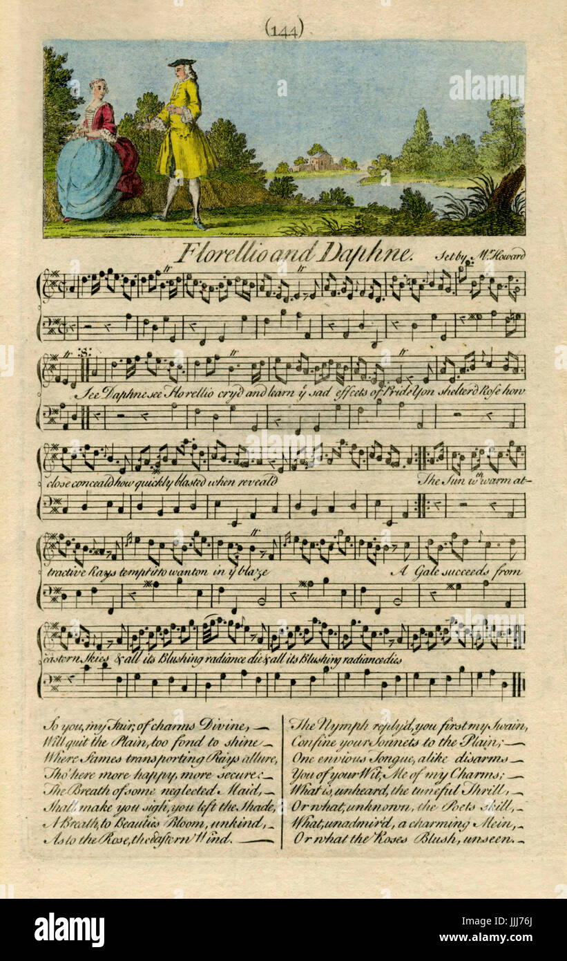 Score for Florellio and Daphne by Samuel Howard. Pastoral image engraved by Henry Roberts in London between 1739-1746. A gentleman and a lady walk beside a lake. Stock Photo