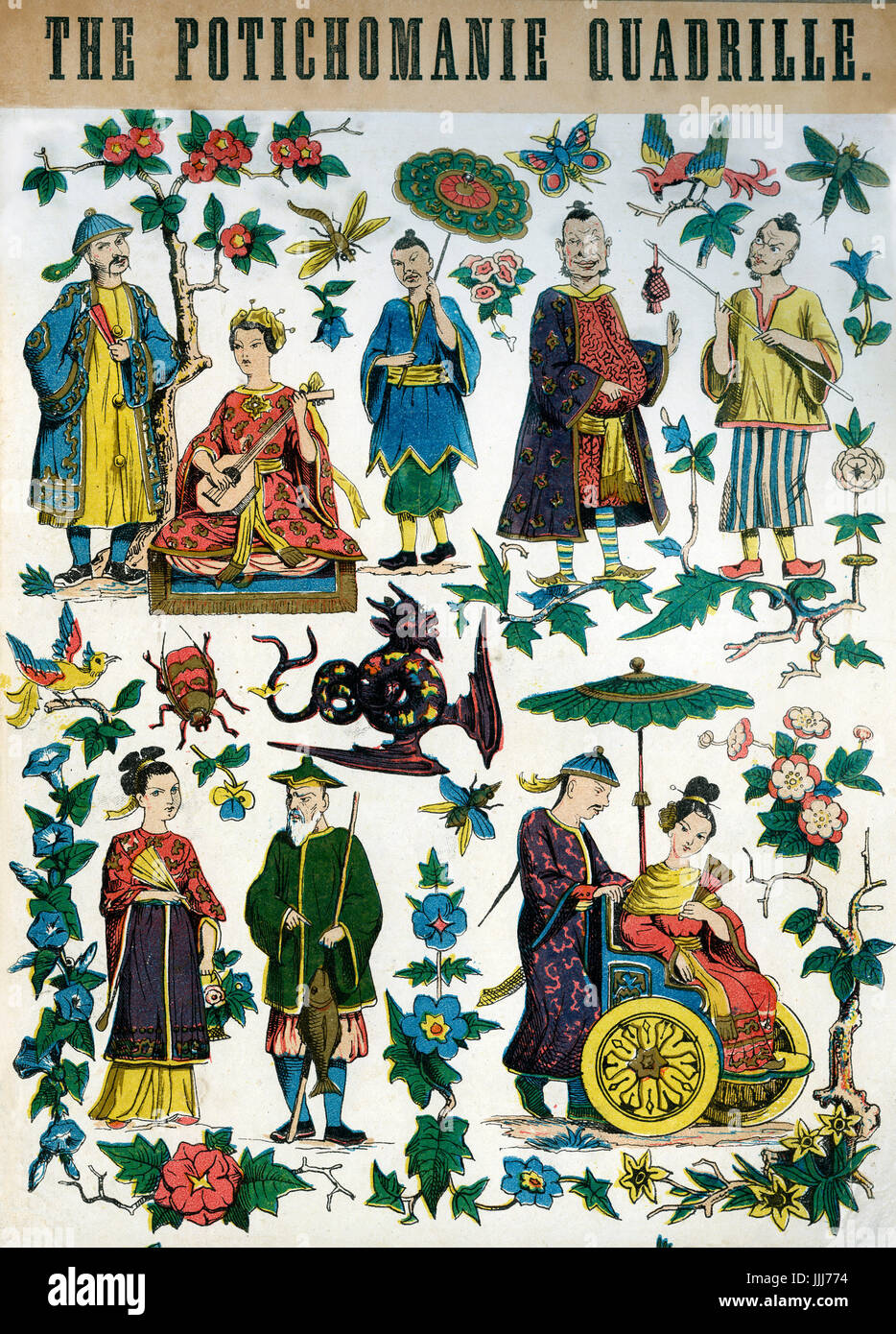 The Potichomanie Quadrille. Cover to Victorian score, featuring Chinese aristocrats, servants, musicians playing Ruan, fisherman and merchants. Also featured are ornamental butterlies, birds, insects, flowers, and a central dragon. Stock Photo