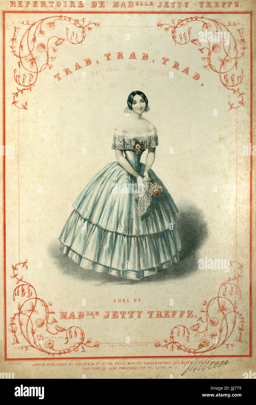 Trab, Trab, Trab (or, One Day While Gently Riding) score cover, from the repertoire de Madelle Jetty Treffz. Sung by Henrietta Treffz (1818-1878), lithograph by M. H. Hanhart, published in London by Jullien & Co.. Stock Photo