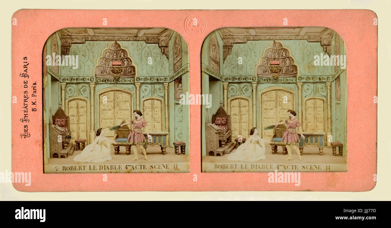 Robert le Diable, opera  by Giacomo Meyerbeer (1831). Act IV, scene  2. Robert and Isabelle alone. GM: German composer, 5 September 1791 - 2 May 1864. Stereoscopic card (colour), photograph of hand painted clay models, 1860s -  from series Les Theatres de Paris - 12 Scenes Vues au Stereoscope Stock Photo