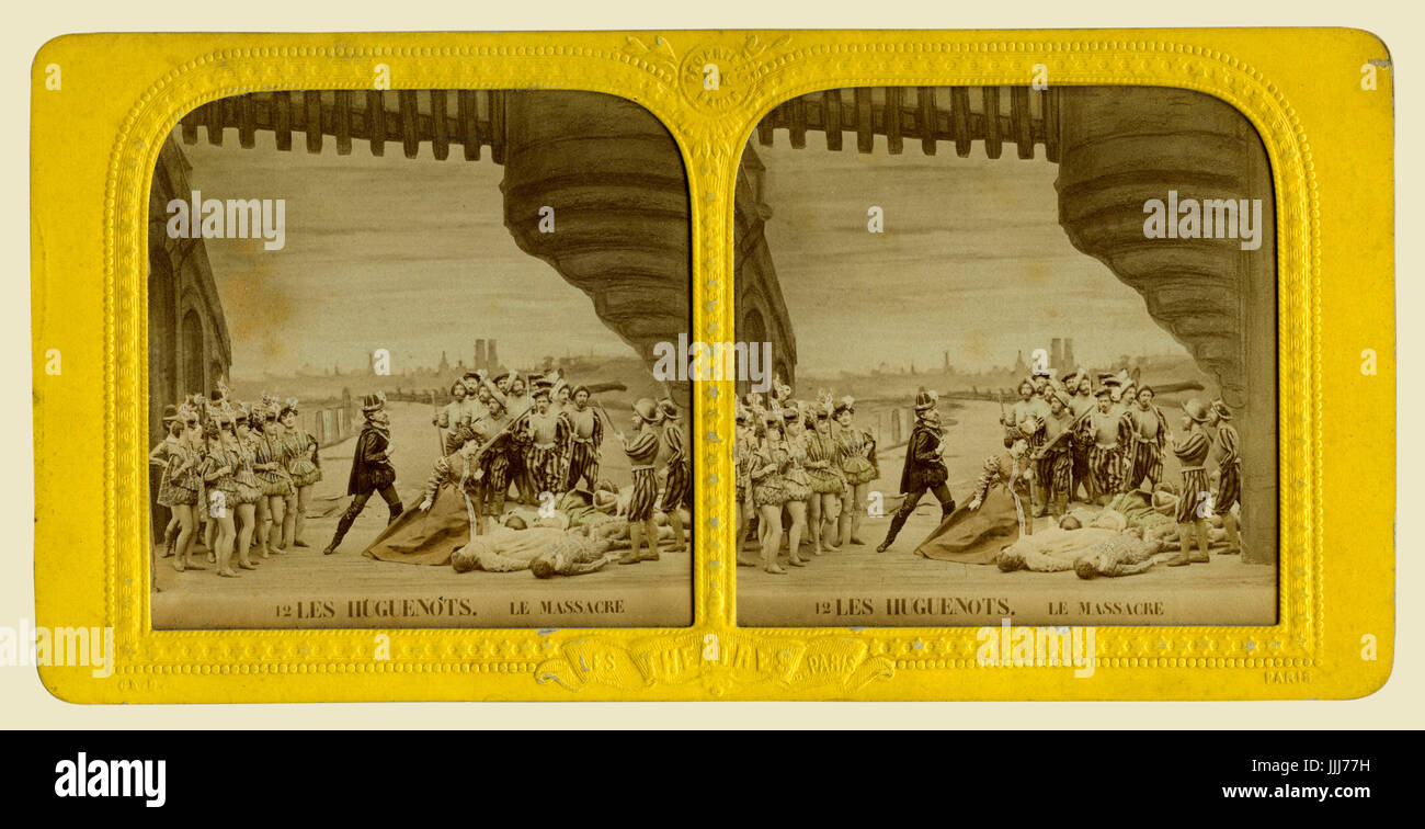 Les Huguenots, opera  by Giacomo Meyerbeer (1836). Queen Marguerite de Valois after the Catholic massacre of the Huguenots. GM: German composer, 5 September 1791 - 2 May 1864. Stereoscopic card (B+W), photograph of hand painted clay models, 1860s -  from series Les Theatres de Paris - 12 Scenes Vues au Stereoscope Stock Photo