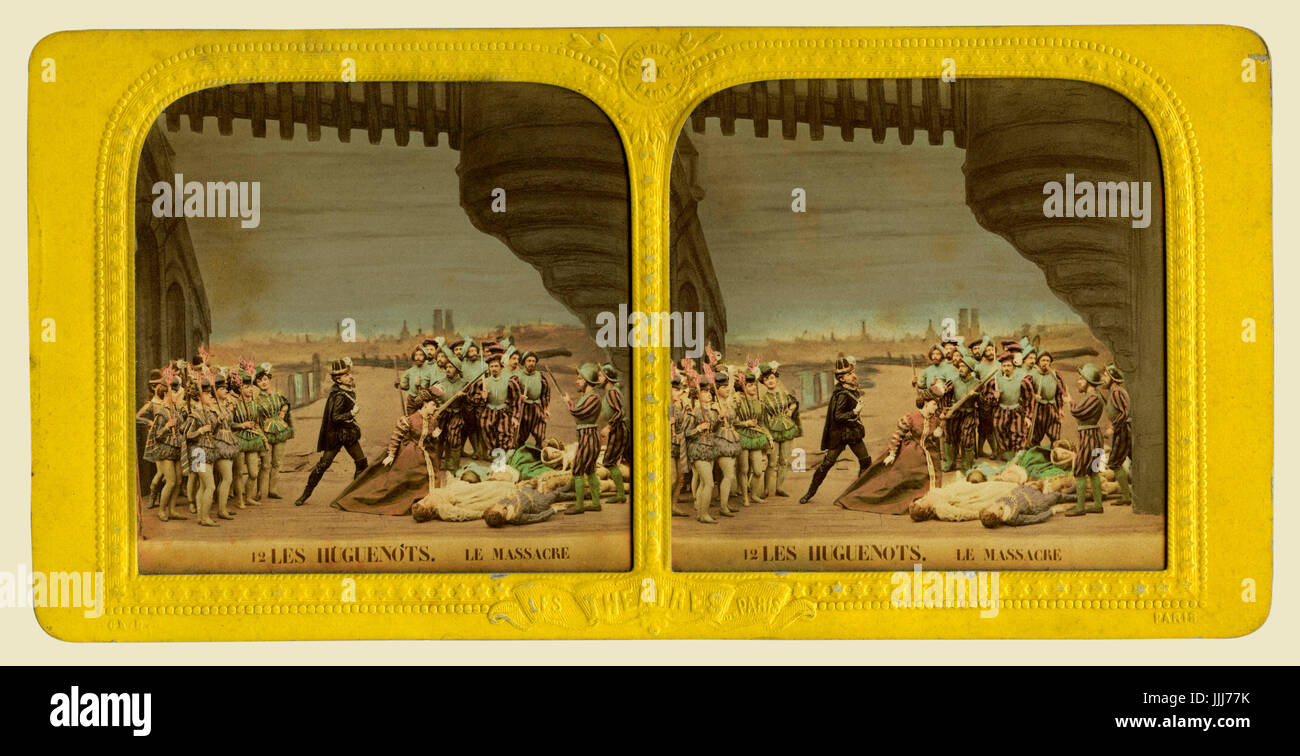 Les Huguenots, opera  by Giacomo Meyerbeer (1836). Queen Marguerite de Valois after the Catholic massacre of the Huguenots. GM: German composer, 5 September 1791 - 2 May 1864. Stereoscopic card (colour), photograph of hand painted clay models, 1860s -  from series Les Theatres de Paris - 12 Scenes Vues au Stereoscope Stock Photo