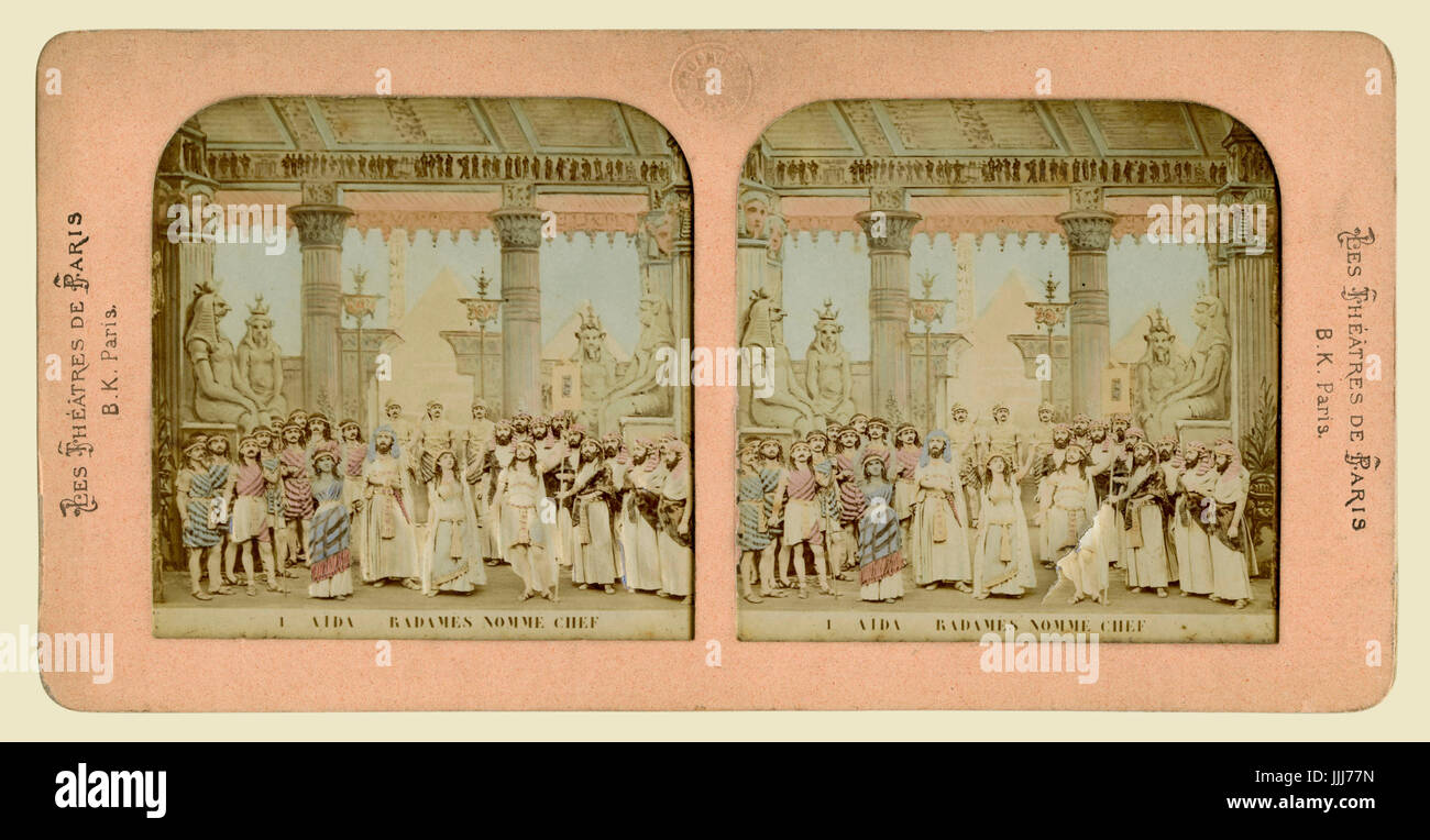 Aida, opera  by Giuseppe Verdi (1871). The King of Egypt names Radamès  leader of his army. G V: Italian composer, 9 or 10 October 1813 - 27 January 1901. Stereoscopic card (colour), photograph of hand painted clay models, 1860s -  from series Les Theatres de Paris - 6 Scenes Vues au Stereoscope. . Stock Photo