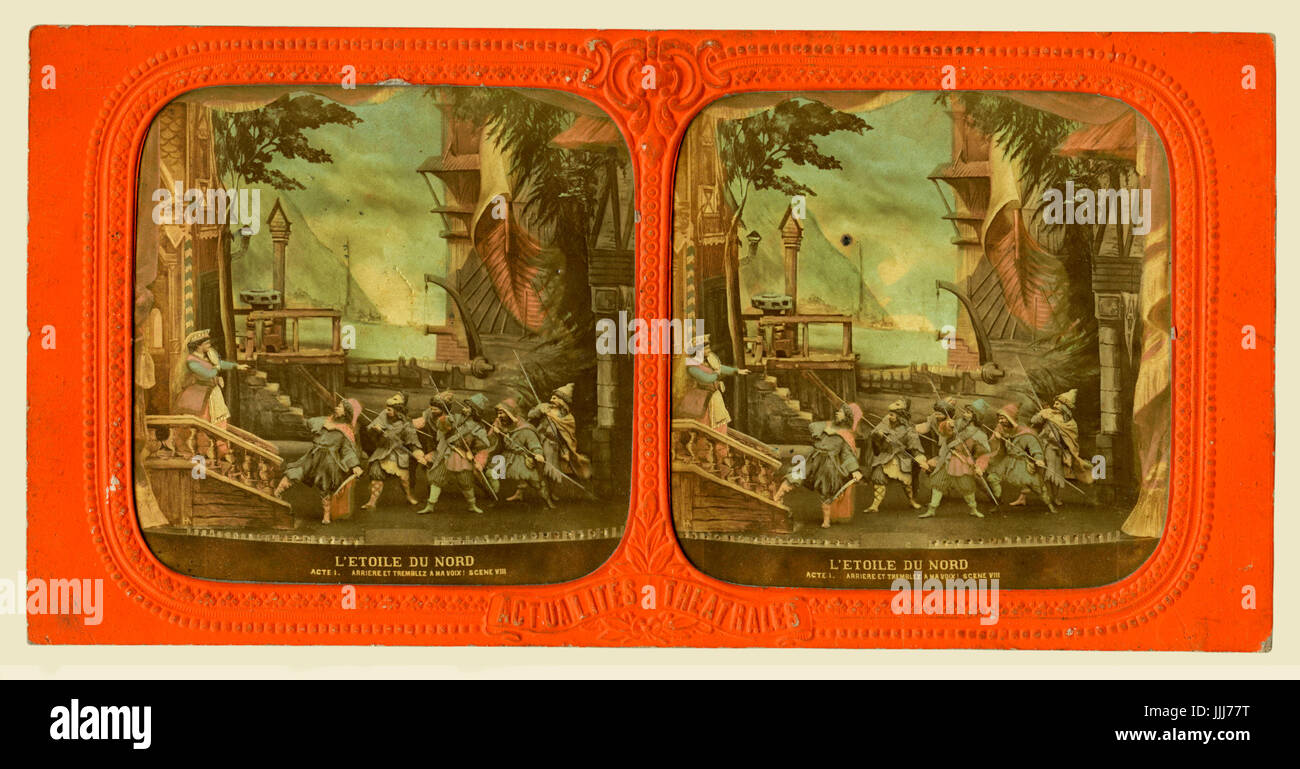 L'Etoile du Nord (The Northern Star), opera by Giacomo Meyerbeer (1854). Act I, scene 8 - Gritzenko. GM:German composer, 5 September 1791 - 2 May 1864. Stereoscopic card (colour), photograph of hand painted clay models, 1860s -  from series Les Theatres de Paris - 12 Scenes Vues au Stereoscope. Stock Photo