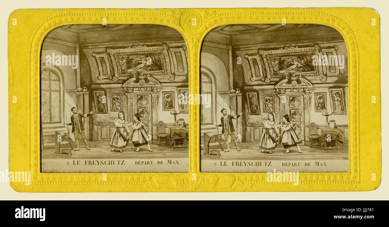 Der Freischütz / The Marksman, opera by Carl Maria von Weber (1821). Act II - Max leaves Agathe on the eve of their wedding. CW: German composer and conductor 18 November 1786 - 5 June 1826. Stereoscopic card (B+W), photograph of hand painted clay models, 1860s -  from series Les Theatres de Paris - 12 Scenes Vues au Stereoscope. . Stock Photo