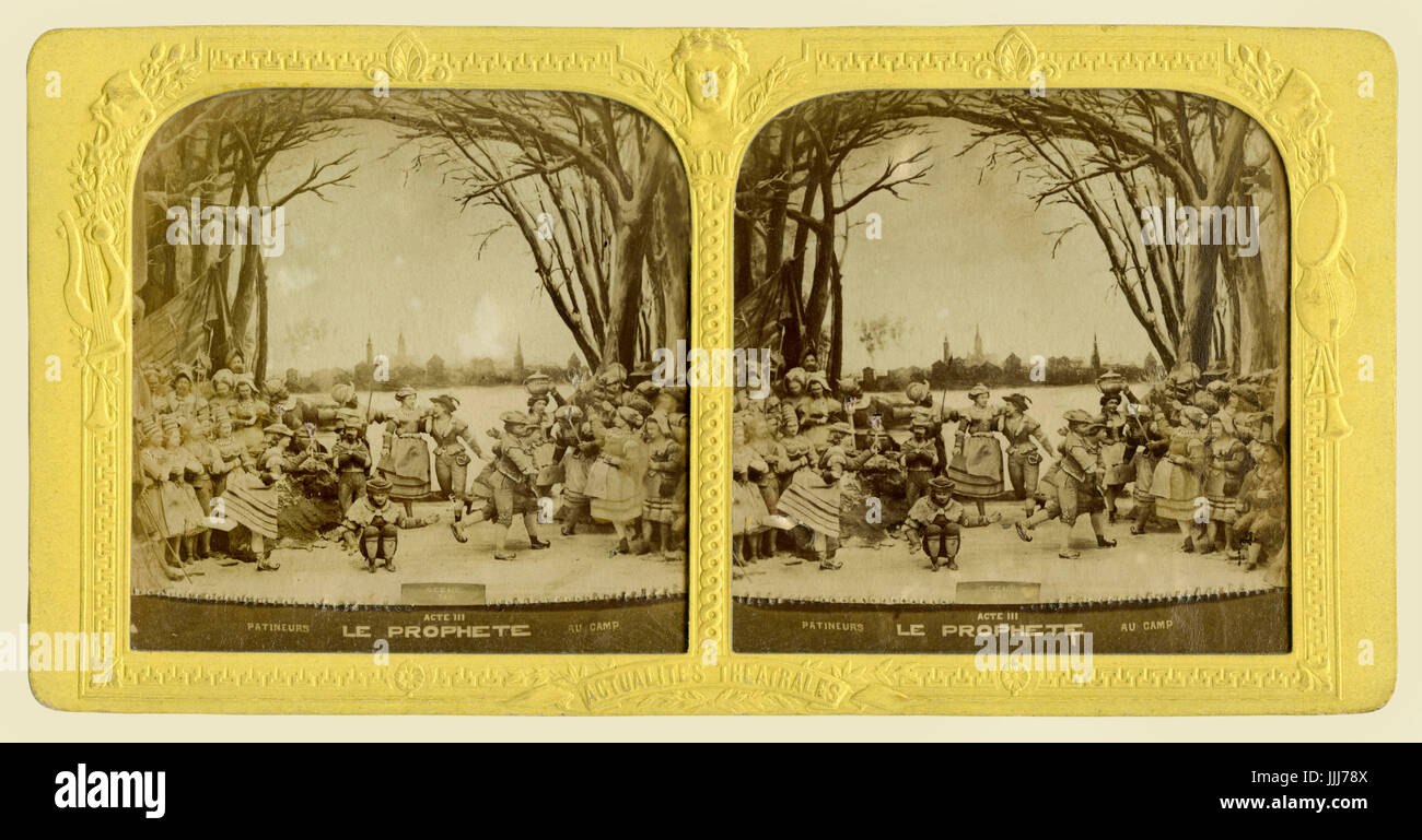 Le prophète/ The Prophet, opera by Giacomo Meyerbeer. Act III, scene 1- the skating interlude. GM: German composer, 5 September 1791 - 2 May 1864. Stereoscopic card (B+W), photograph of hand painted clay models, 1860s -  from series Les Theatres de Paris - 6 Scenes Vues au Stereoscope. Stock Photo