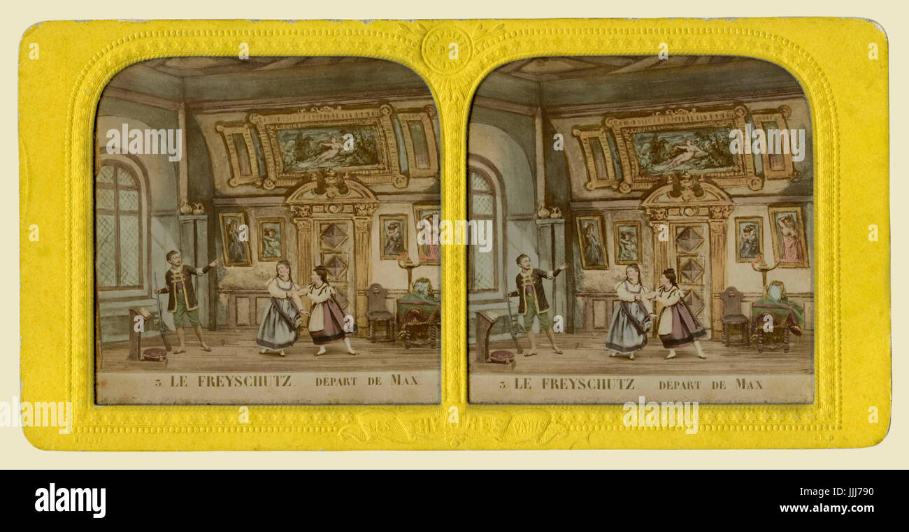 Der Freischütz / The Marksman, opera by Carl Maria von Weber (1821). Act II - Max leaves Agathe on the eve of their wedding. CW: German composer and conductor 18 November 1786 - 5 June 1826. Stereoscopic card (colour), photograph of hand painted clay models, 1860s -  from series Les Theatres de Paris - 12 Scenes Vues au Stereoscope. . Stock Photo