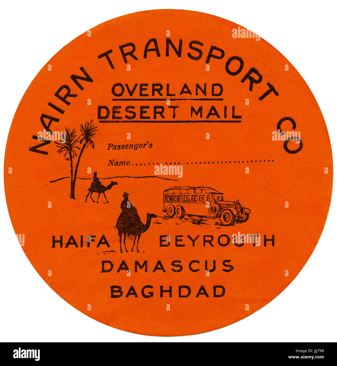 Luggage label -  Nairn Transport Co 'Overland Desert Mail', Haifa, Beyrouth, Damascus and Baghdad. 20th century. Silhouettes of palm trees and figures riding camels, line drawing of a car. Graphic Design. Stock Photo