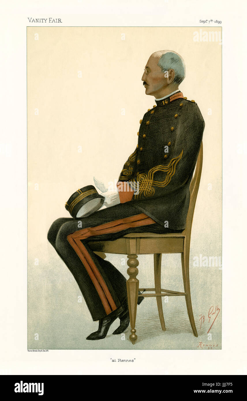 Captain Alfred Dreyfus - portrait sitting in military uniform at second Court Martial in Rennes, 1899. Vanity Fair caricature by JB Guth (real name Jean-Baptiste Guth, 1883–1921). Caption reads 'at Rennes', dated 7 September 1899. (Lithograph by Vincent Books, Day & Son) AD, French artillery officer convicted (and later acquitted) of treason: 9 October 1859 – 12 July 1935. Stock Photo