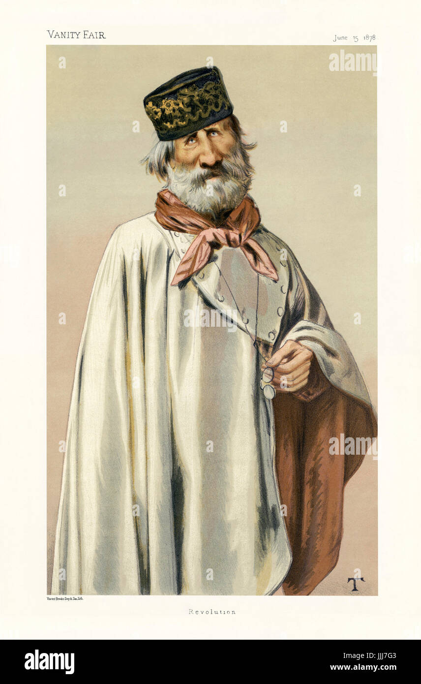 Giuseppe Garibaldi - portrait standing in a grey cloak. Vanity Fair caricature by T. (real name Théobald Chartran, 20 July 1849 – 16 July 1907). Caption reads 'Revolution', dated 15 June 1878. (Lithograph by Vincent Books, Day & Son) GG, Italian general and politician and key figure in the unification of Italy: 4 July 1807 – 2 June 1882. Stock Photo