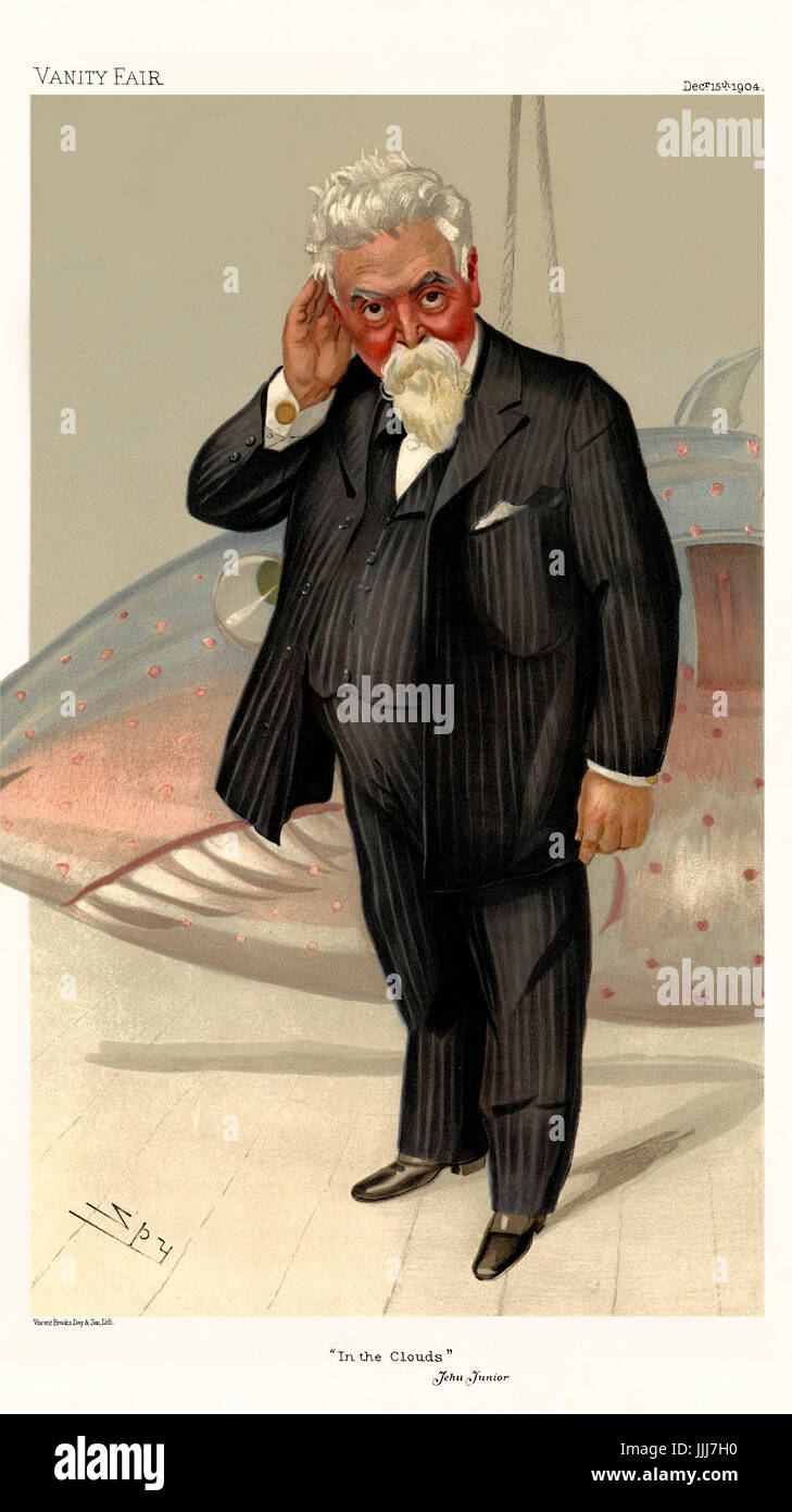 Sir Hiram Stevens Maxim - portrait standing. Vanity Fair caricature by Spy (real name Sir Leslie Matthew Ward 21 November 1851 – 15 May 1922). Caption reads 'In the Clouds', dated 15 December 1904. HSM: American inventor: 5 February 1840 – 24 November 1916. (Jehu Junior) Stock Photo