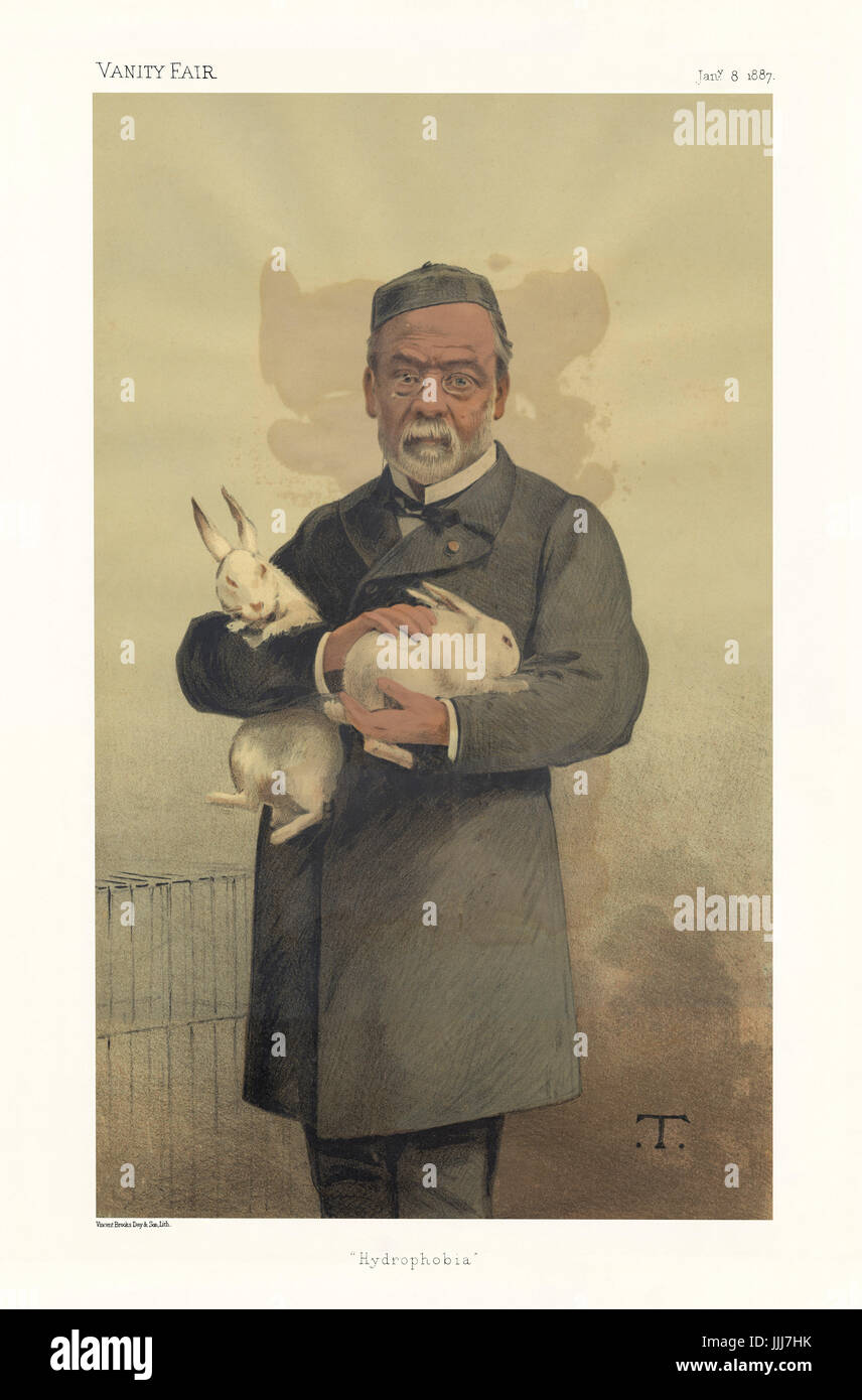 Louis Pasteur - portrait standing holding two white rabbits. Vanity Fair caricature by T. (real name Théobald Chartran, 20 July 1849 – 16 July 1907). Caption reads 'Hydrophobia', dated 8 January 1887. (Lithograph by Vincent Books, Day & Son) LP: French chemist, microbiologist, and pioneer of vaccination and pasteurisation: 27 December 1822 – 28 September 1895. Stock Photo