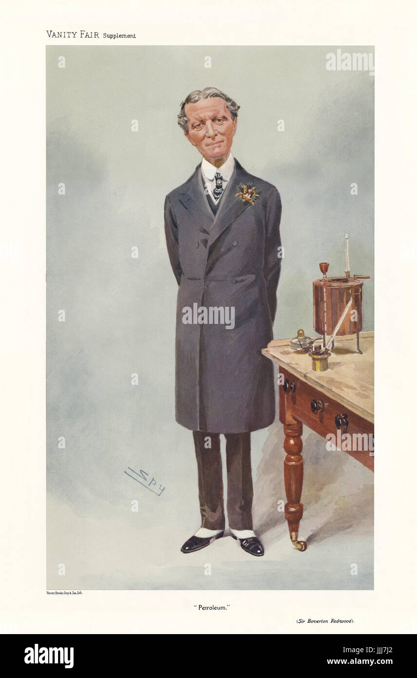 Sir Boverton Redwood - portrait standing. Vanity Fair caricature by Spy (real name Sir Leslie Matthew Ward, 21 November 1851 – 15 May 1922). Caption reads 'Petroleum.', dated 23 March 1908. BR: petroleum expert and adviser to the Home Office and the India Office: 26 April 1846 – 4 June 1919. Stock Photo
