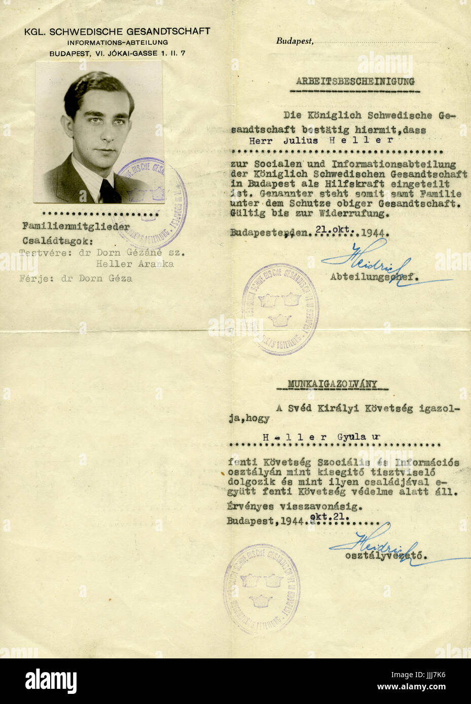 Arbeitsbescheinigung / Work pass of Julius Heller, confirming a job at the Swedish embassy in Budapest. Protective document issued as a result of intervention by Raoul Wallenberg, special envoy of Sweden in Budapest, sheltering Jews on neutral Swedish territory in Nazi-occupied Hungary. See also Schutzpass issued to Julius Heller Stock Photo