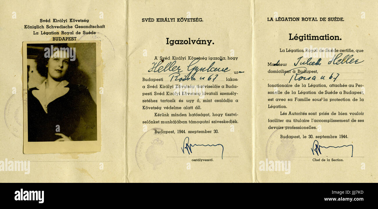 Embassy work pass of Julie Heller, protective document for Jewish member of staff of the Swedish embassy in Nazi-occupied Budapest, offering shelter on neutral Swedish territory, signed by Raoul Wallenberg 30 September 1944. Document in Hungarian and French translation reads: the Royal Embassy of Sweden certifies that Mrs. Julie Heller living in Budapest, functionary attached to the personnel of the Swedish legation in Budapest, is under the protection of the Embassy with her family. The authorities are requested to facilitate the holder of this document in the performance of her official duti Stock Photo
