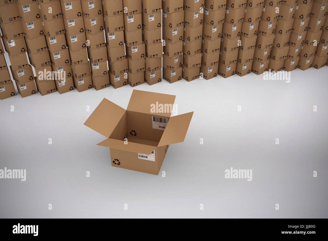 Composite image of empty cardboard box by stack of boxes Stock Photo