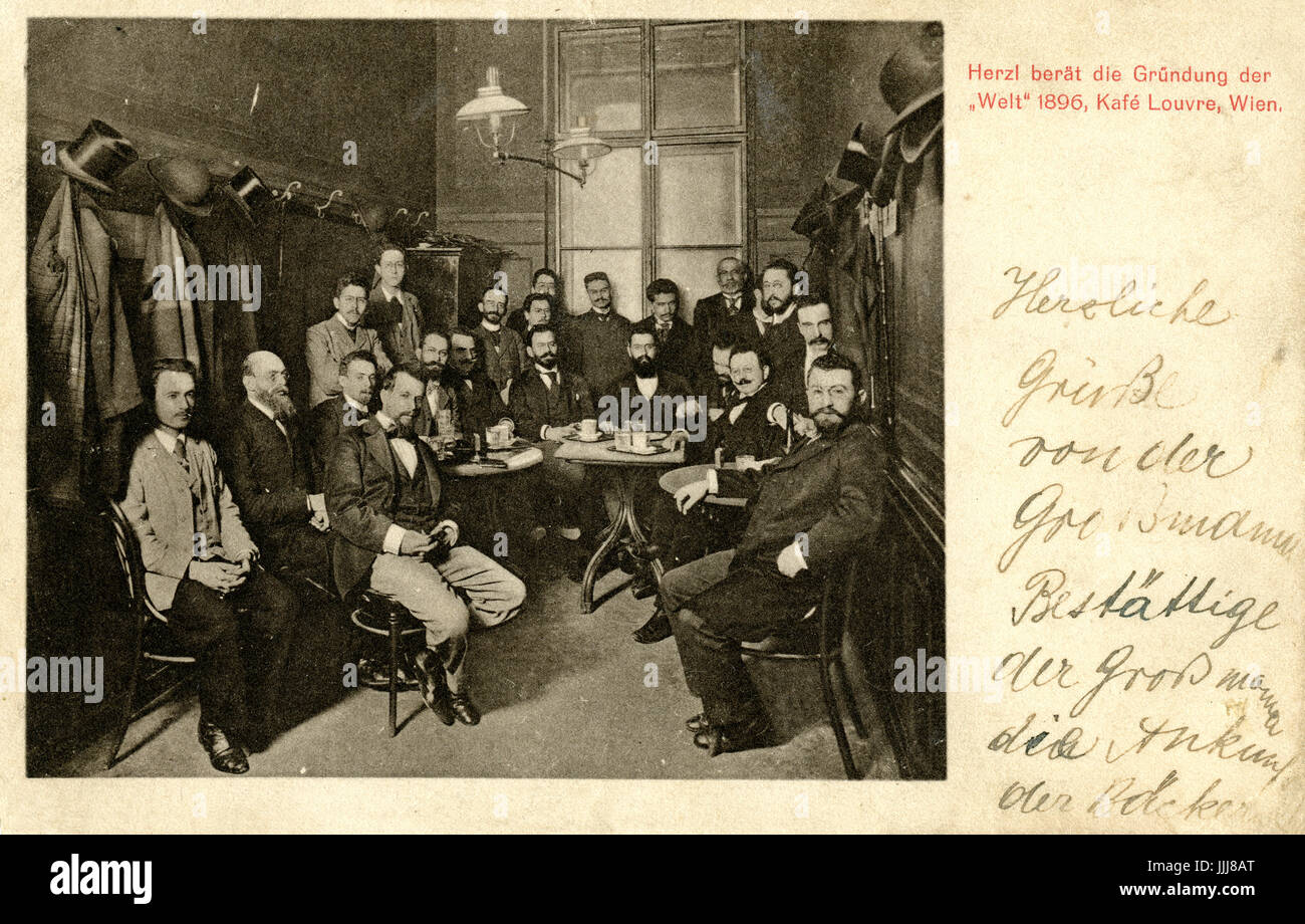 Theodor Herzl at the Cafe Louvre, Vienna, planning the founding of the newspaper Die Welt, 1896 Stock Photo