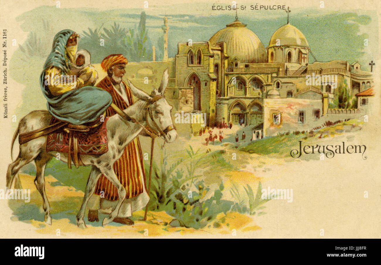 Jerusalem, Church of the Holy Sepulchre. Illustration depicting the journey of Mary and Joseph to present Jesus in the temple at Jerusalem. Postcard, late 19th / early 20th century Stock Photo