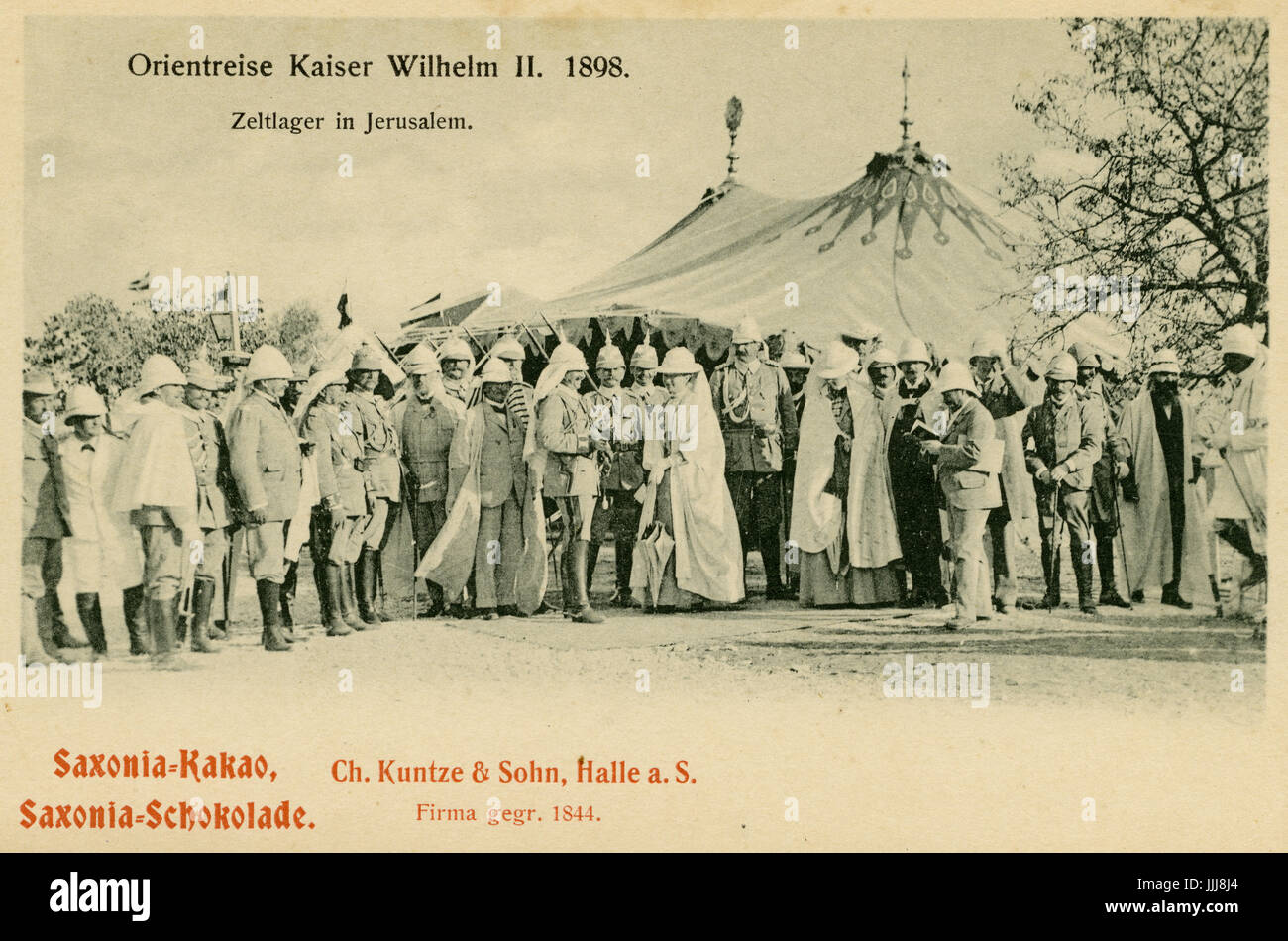 Kaiser Wilhelm visit to the Holy Land (Palestine), 1898, commemorative postcard. Royal encampment, Jerusalem Stock Photo
