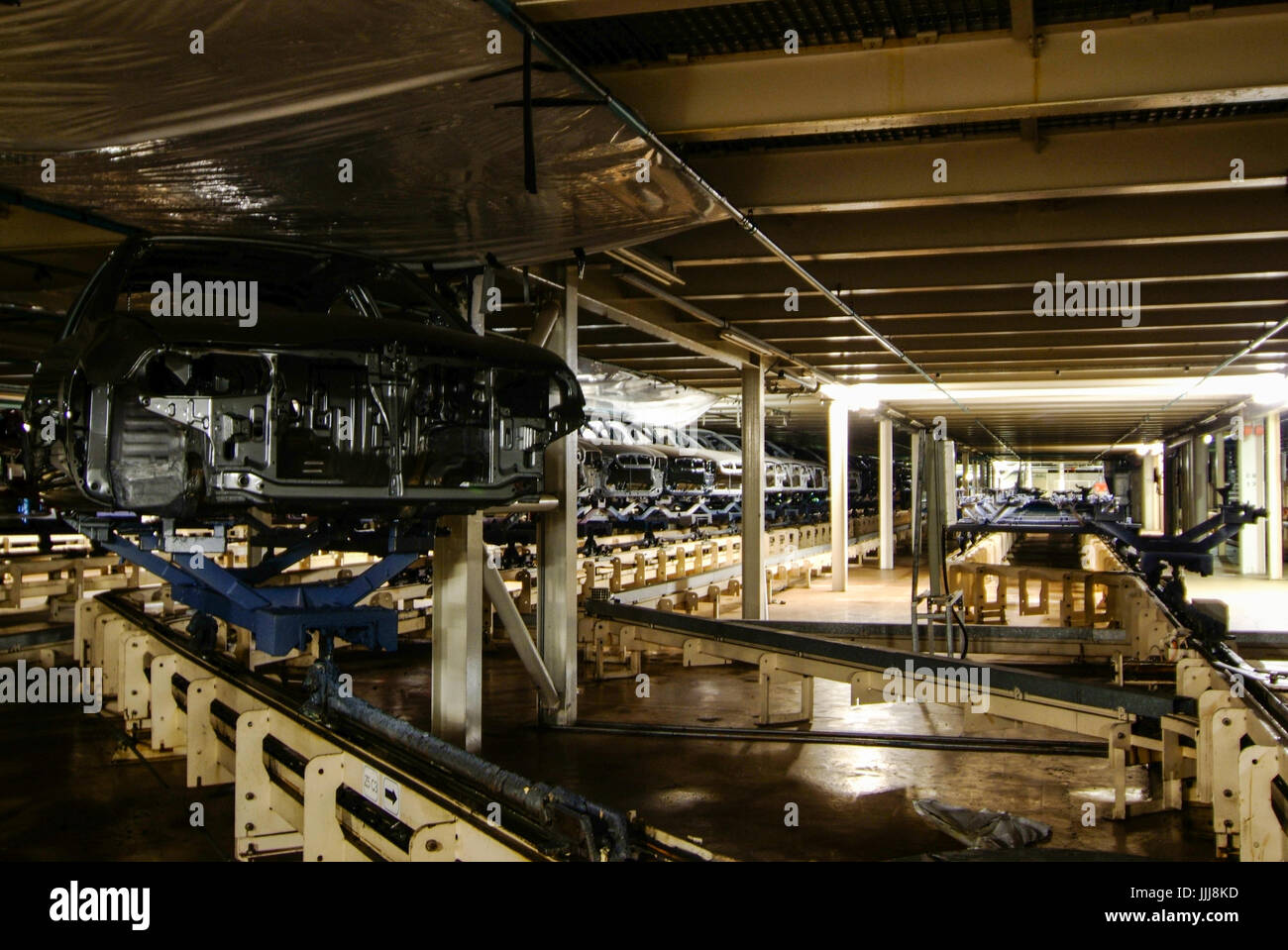 Old MG Rover bodyshells on the production line inside the abandoned MG ...