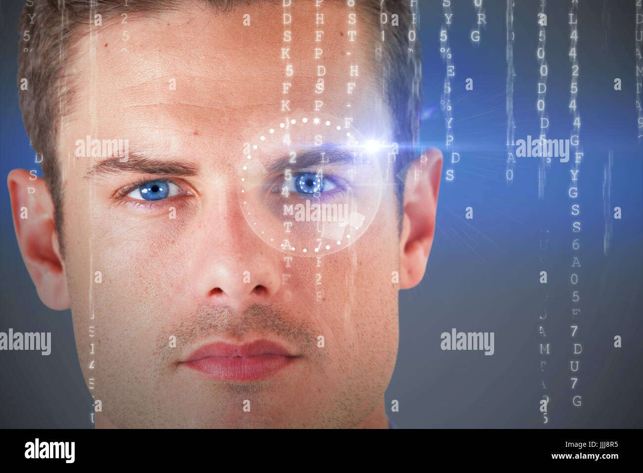 Composite 3d image of close up portrait of serious young man Stock ...