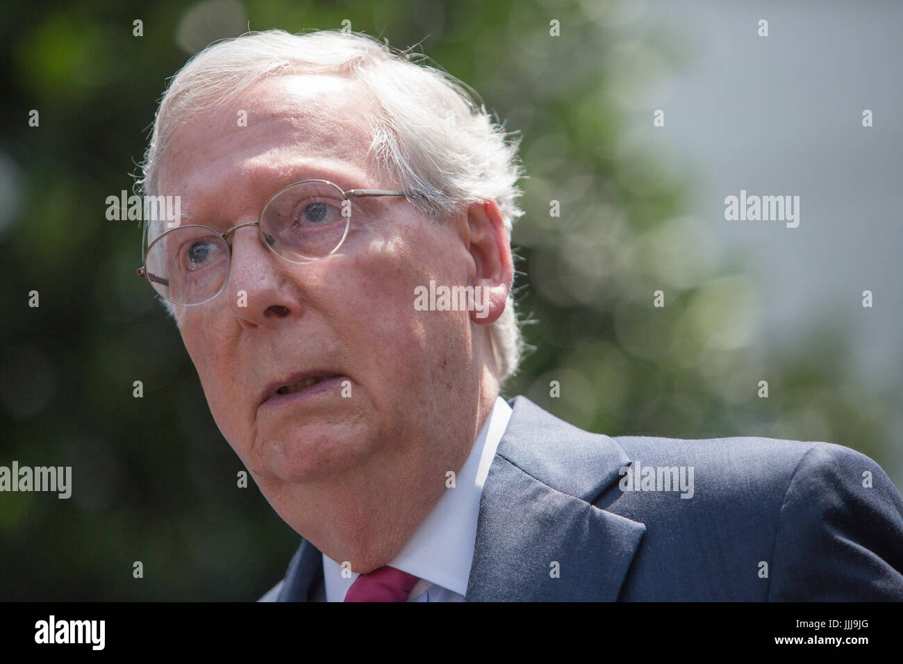 Washington DC, USA. 19th July, 2017. United States Senate Majority Leader Mitch McConnell (Republican of Kentucky) speaks to the media after attending a meeting with US President Donald J. Trump on repealing and/or replacing the Affordable Care Act (ACA), also known as ObamaCare at The White House in Washington, DC, July 19, 2017.  Credit: Chris Kleponis / CNP Photo via Newscom/Alamy Live News Stock Photo