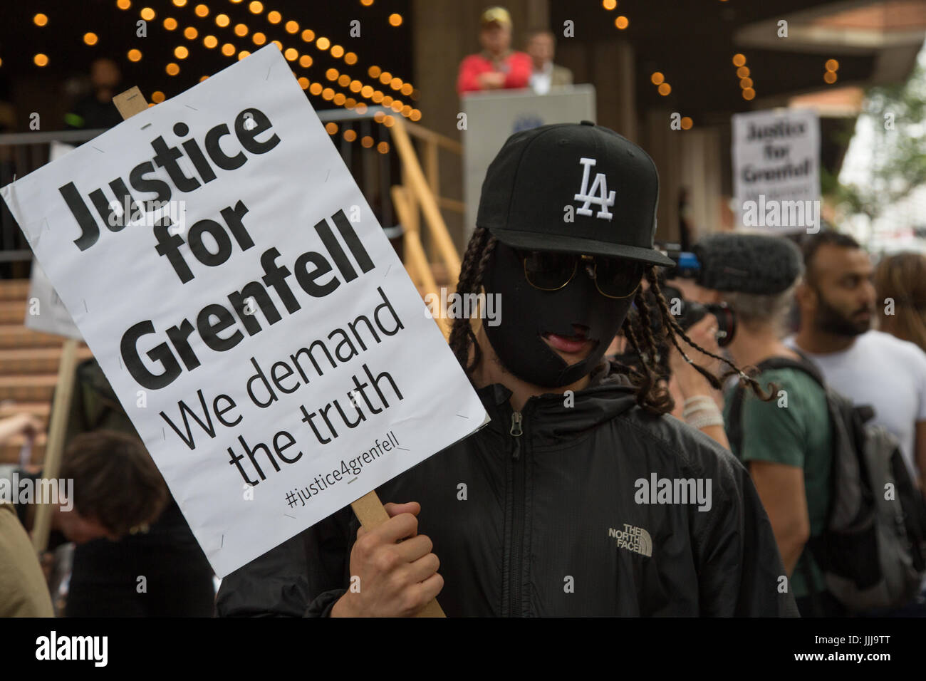 London, UK. 19th July, 2017. Protesters out side Kensington and Chelsea town hall during first full council meeting since June 14, 2017 Grenfell Tower fire which claimed at least 80 lives. July 2017 Protesters out side Kensington and Chelsea town hall during first full council meeting since June 14, 2017 Grenfell Tower fire which claimed at least 80 lives. Credit: Thabo Jaiyesimi/Alamy Live News Stock Photo