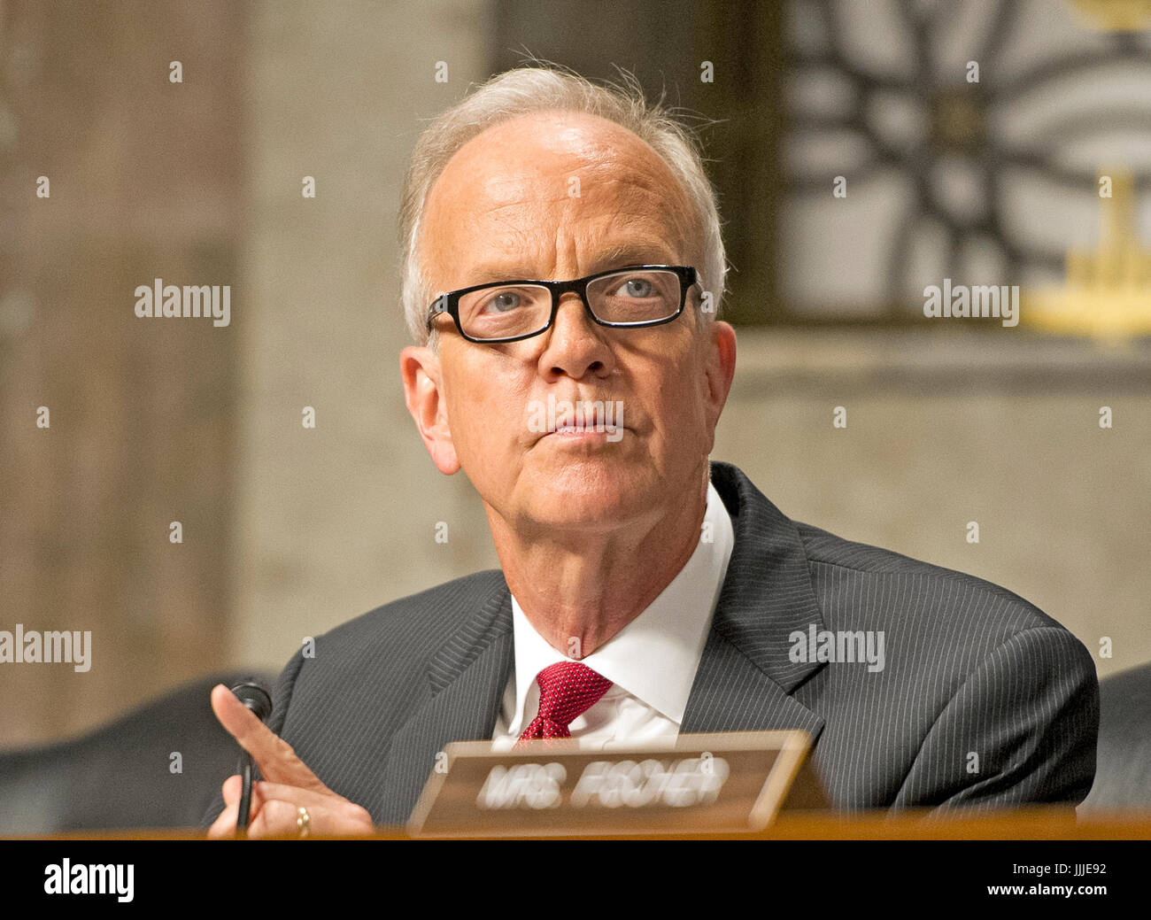 United States Senator Jerry Moran (Republican of Kansas) listens as the US Senate Committee on