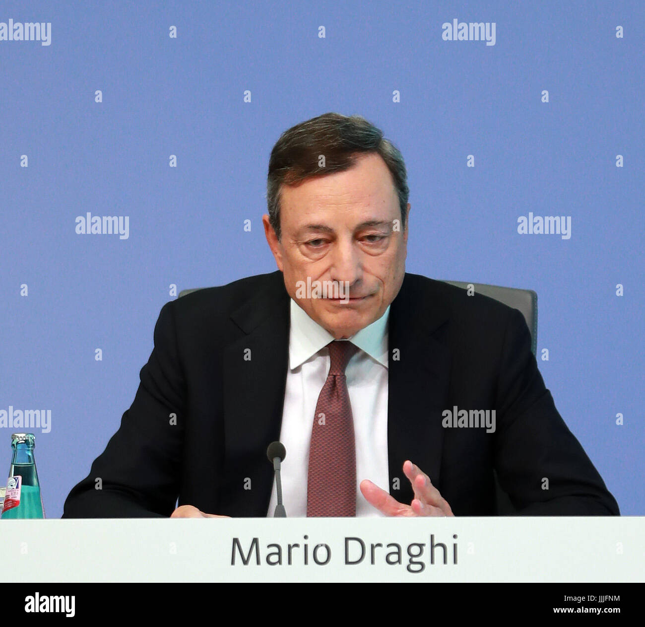 Frankfurt, Germany. 20th July, 2017. European Central Bank (ECB) President Mario Draghi attends a press conference at the ECB headquarters in Frankfurt, Germany, on July 20, 2017. ECB decided Thursday to keep key interest rates for the euro area at record low. Credit: Luo Huanhuan/Xinhua/Alamy Live News Stock Photo