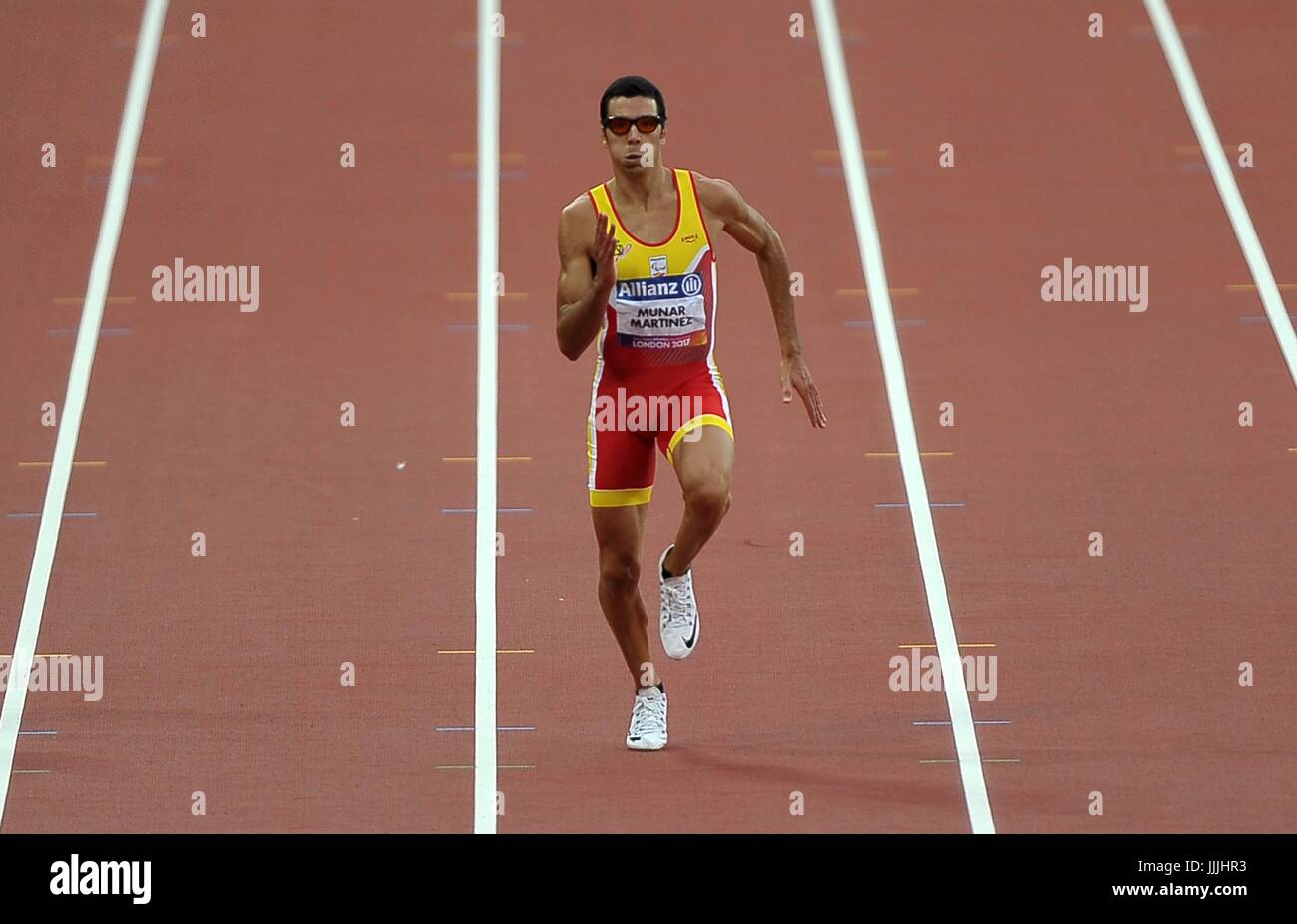 Stratford, UK. 20th Jul, 2017. Joan Munar Martinez (ESP) in the mens T12 200m. World para athletics championships. London Olympic stadium. Queen Elizabeth Olympic park. Stratford. London. UK. 20/07/2017. Credit: Sport In Pictures/Alamy Live News Stock Photo