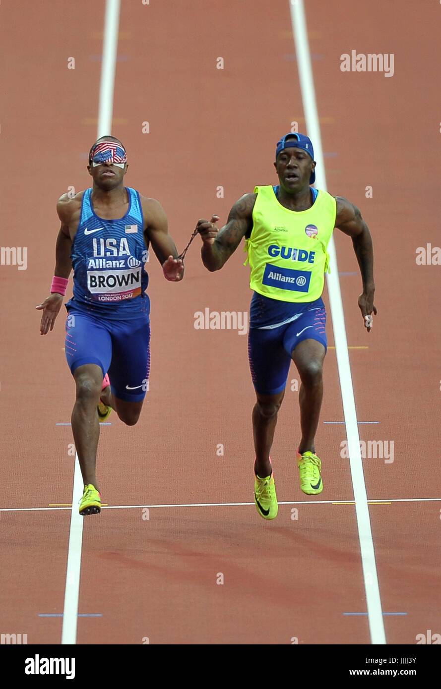 Stratford, UK. 20th Jul, 2017. David Brown (USA) and his guide Jerome Avery (USA) in the mens T11 200m. World para athletics championships. London Olympic stadium. Queen Elizabeth Olympic park. Stratford. London. UK. 20/07/2017. Credit: Sport In Pictures/Alamy Live News Stock Photo