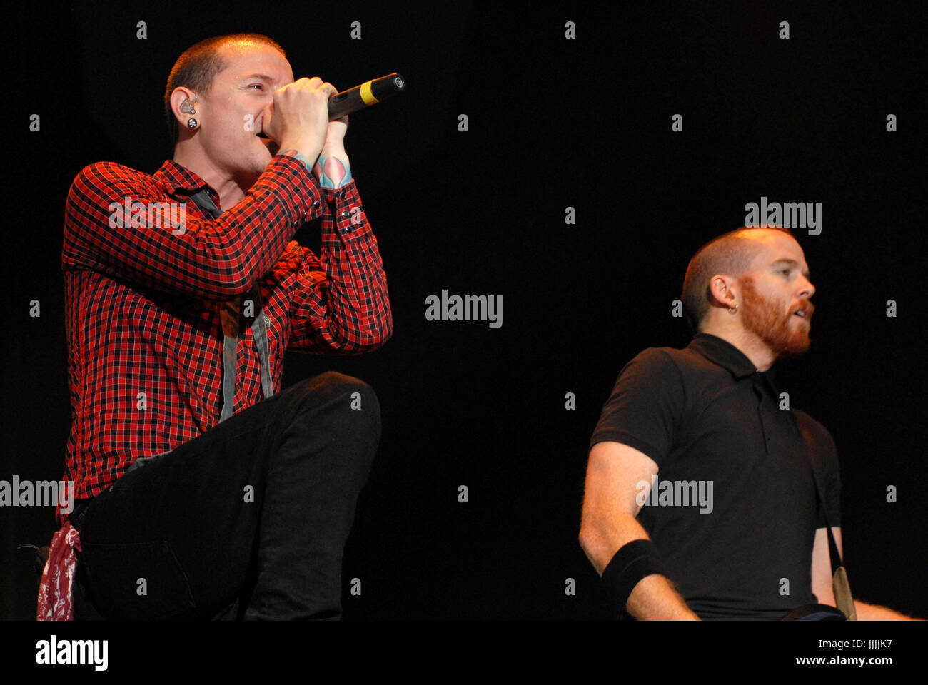 FILE PICS: 20th July, 2017. Donington Park, Derbyshire UK. 9th Jun, 2007. Chester Bennington, the lead singer of Linkin Park has passed away at the age of 41 today 20th July 2017 - Chester Bennington and David 'Phoenix' Farrell of Linkin Park photographed during their performance at Download Festival 2007 - day two 9th June 2007 at Donington Park, Derbyshire Credit: Ben Rector/Alamy Live News Stock Photo