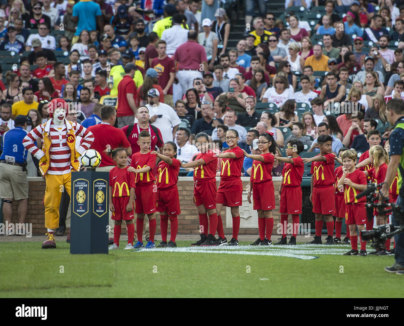 Detroit, Michigan, USA. 19th July, 2017. Ronald McDonald and his helpers  waiting to escort players on to the field before the International  Champions Cup between AS Roma and Paris Saint- Germain at