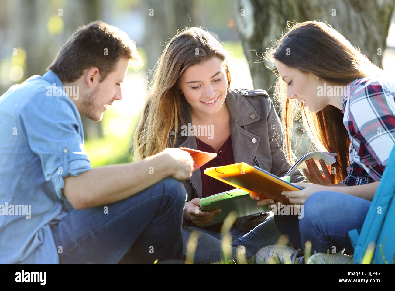 Three students studying reading notes together outdoors sitting on the grass Stock Photo