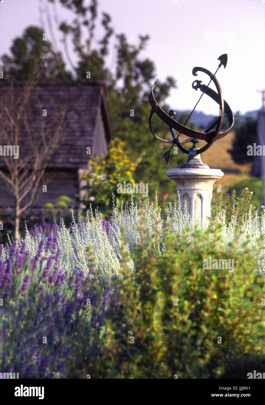 Garden with sun dial, ornamental decor, vintage barn, lavender Stock Photo