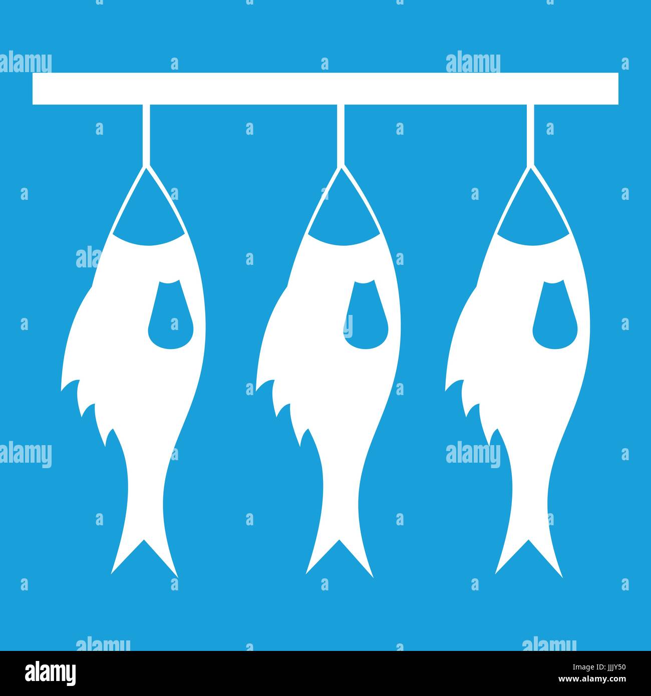 Three dried fish hanging on a rope icon white Stock Vector