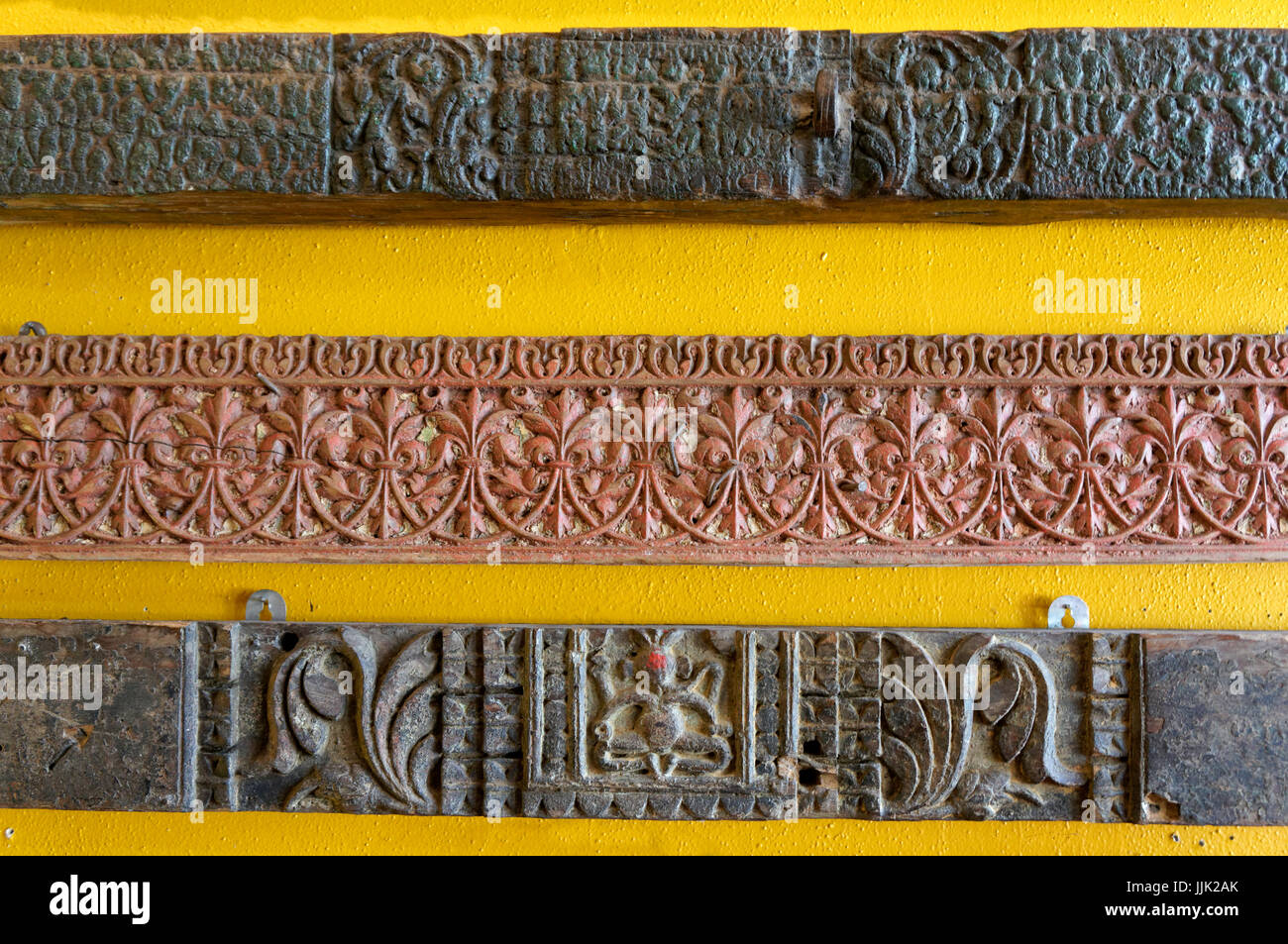 Traditional intricate Indian antique teak wood carvings Stock Photo