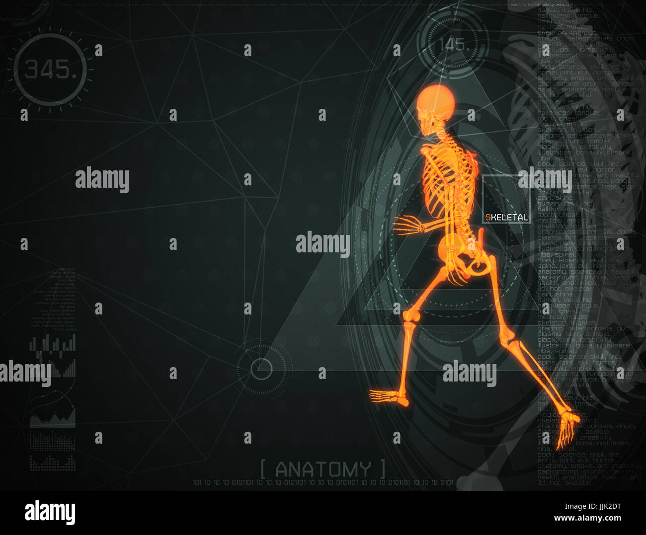 3d illustration of  walking fire skeleton by X-rays on background Stock Photo