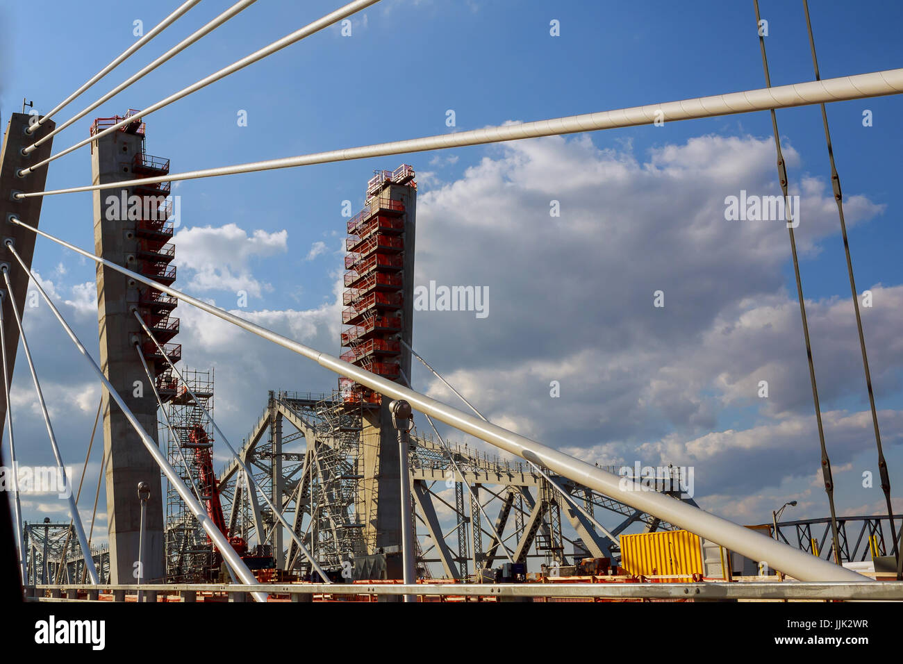 Pylons building a bridge site of under construction Bridge Stock Photo