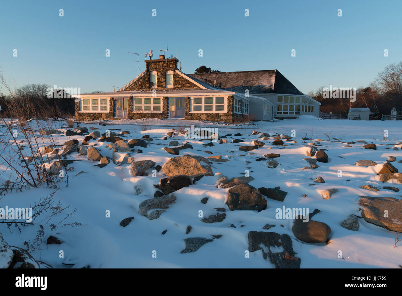 Seacoast Science Center at Odiorne Point state park in winter after snow storm, Rye, NH Stock Photo