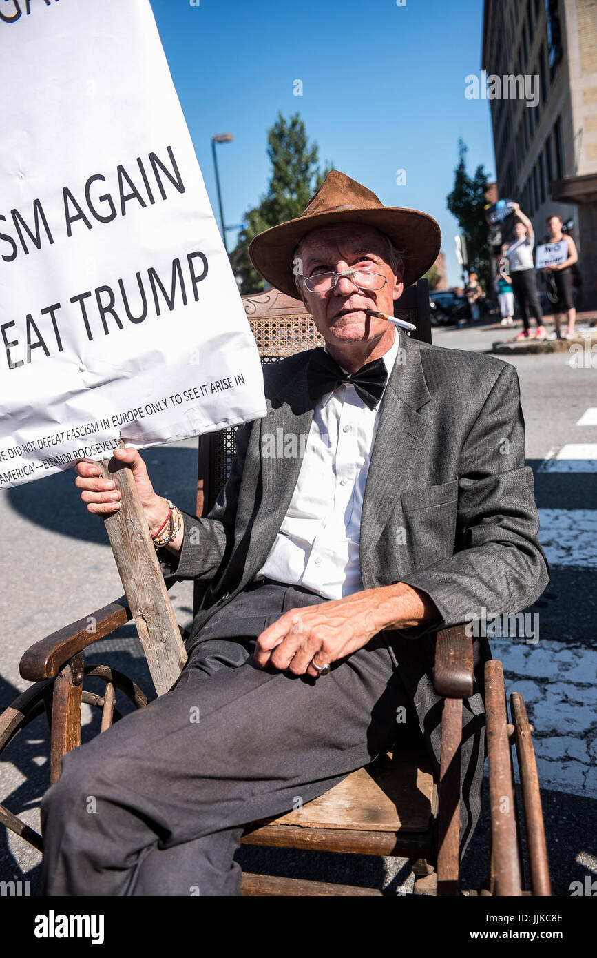 protestors, fake candidates, and vendors at the Trump rally in Portland, Maine on Aug 4, 2016 Stock Photo