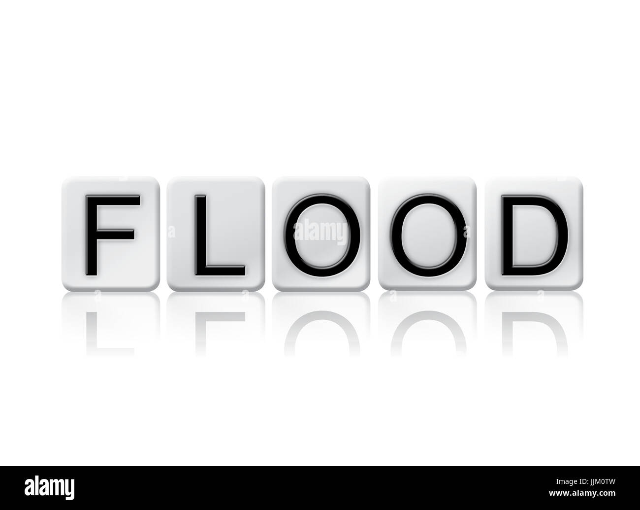 The word Flood concept and theme written in white tiles and isolated on a white background. Stock Photo