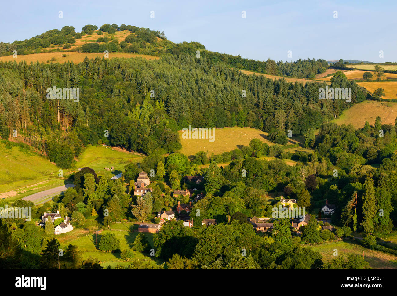 Early morning light on the village of Hopesay and Burrow Hill, Shropshire. Stock Photo