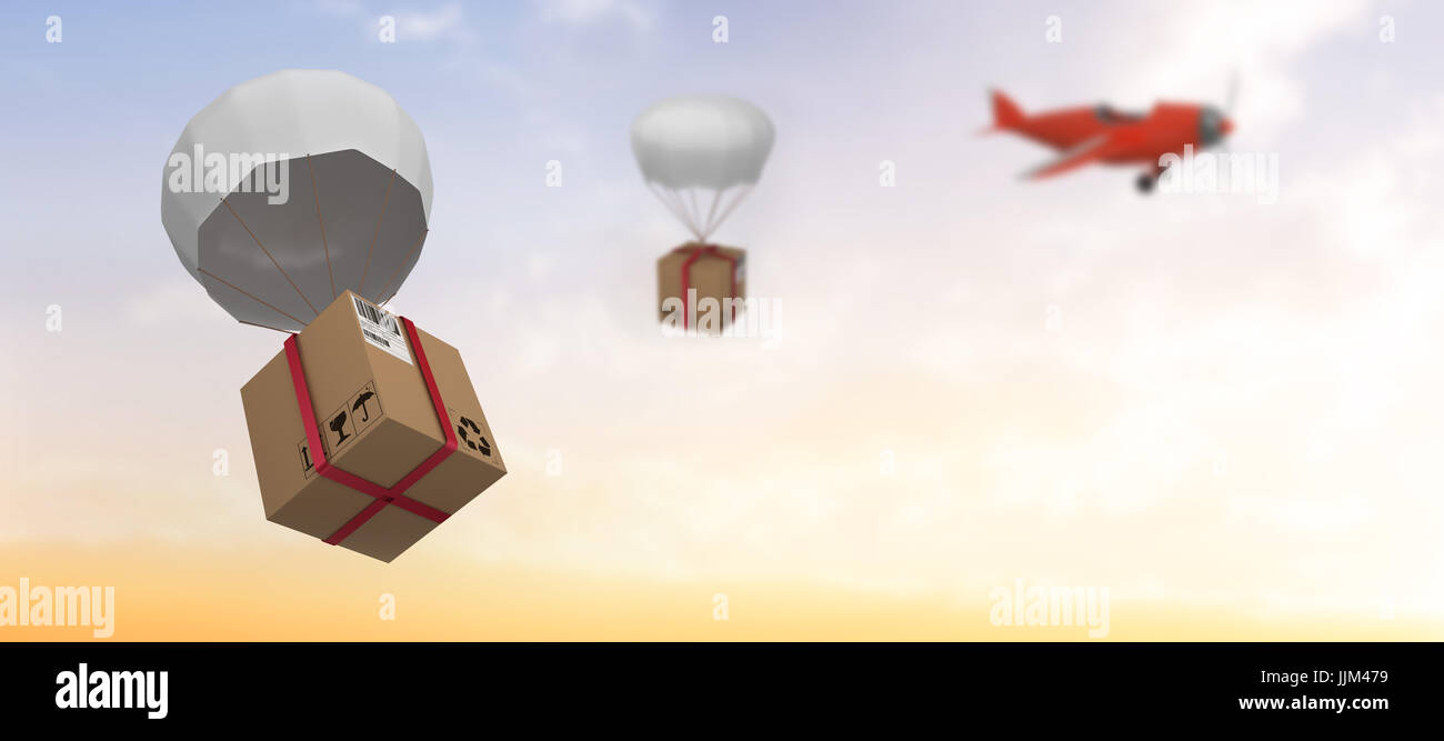 Composite image of graphic image of 3d parachute carrying cardboard box Stock Photo